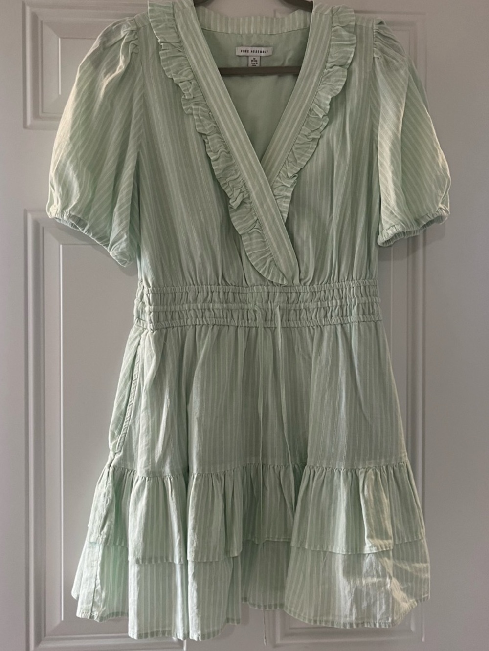 Free Assembly Mint Green Ruffle Tiered Mini Dress with Puff Sleeves and Pockets